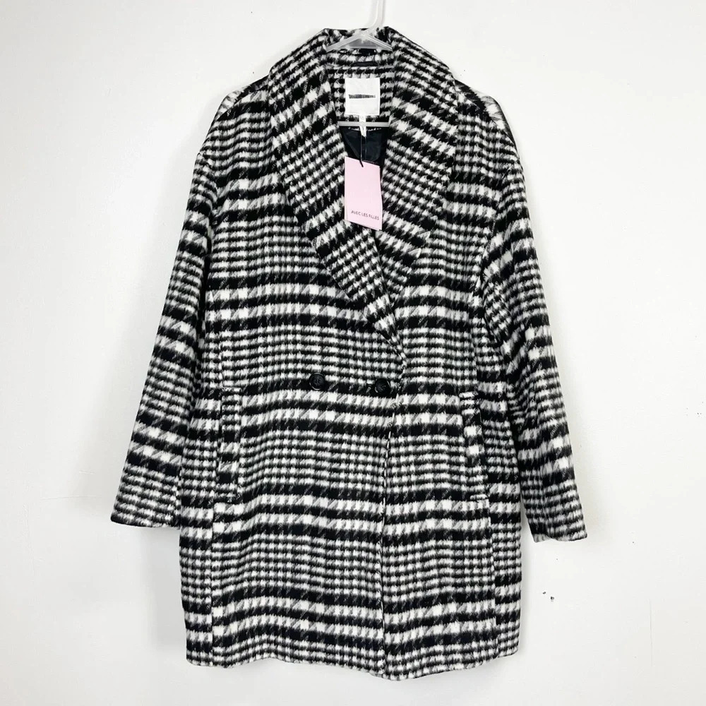 NEW Avec Les Filles Coat Large Black White Houndstooth Check NWT Wool Blend